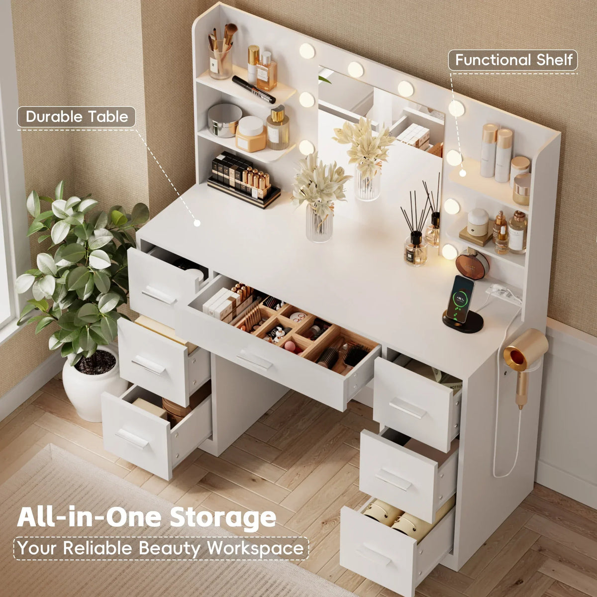 2026 NewLacoo Vanity Desk with Mirror and LED Lights, Makeup Vanity with 7 Drawers & 4 Shelves, Vanity Table with Power Outlet for Bedroom Dressing Room, White