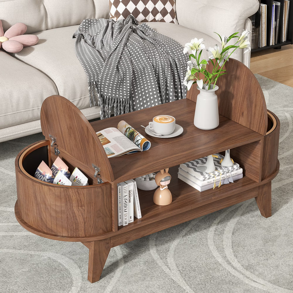 2026 NewFluted Coffee Table with Storage, Modern Coffee Tables, Wood Accent Center Table