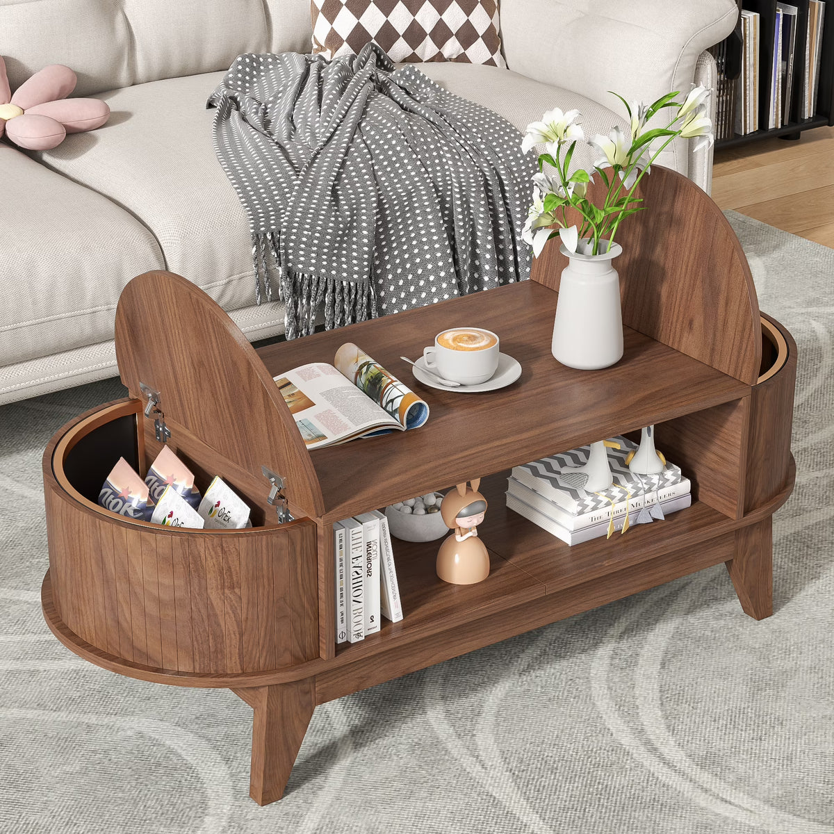 2026 NewFluted Coffee Table with Storage, Modern Coffee Tables, Wood Accent Center Table