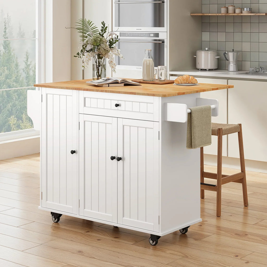 2026 NewNoelse Kitchen Island with Storage, Island Table for Kitchen with Drop Leaf, Spice Rack, Towel Bar for Small Kitchens, White
