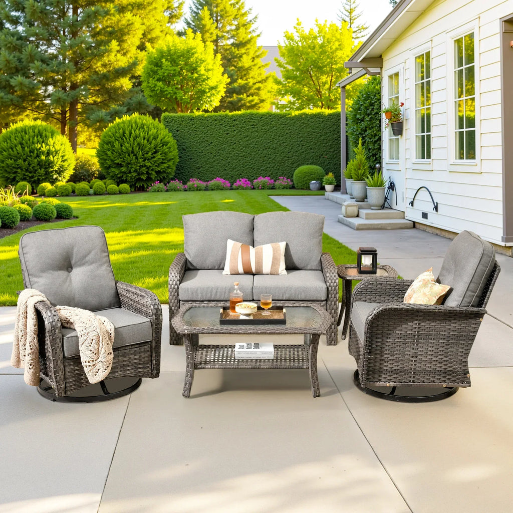 2026 NewOvios 5 Pieces Outdoor Patio Furniture Set High Back All Weather Wicker Conversation Set with Swivel Chairs & Coffee Table, Dark Gray