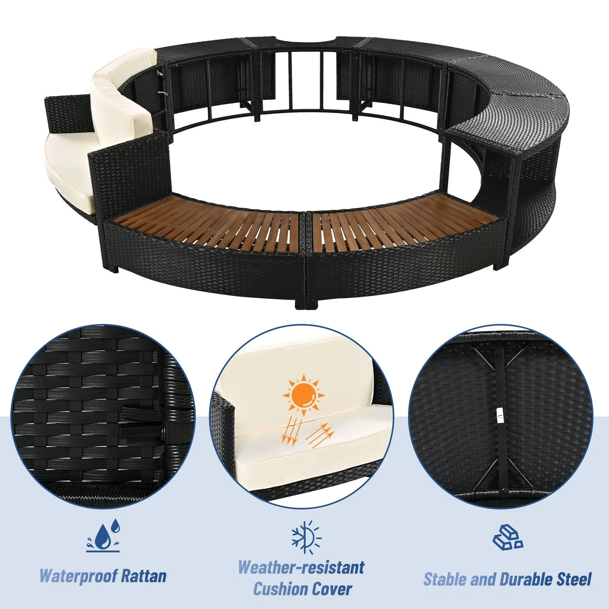 2026 NewRound Hot Tub Surround Furniture, Spa Surround Outdoor Rattan Sectional Sofa Set with Mini Sofa, Solid Acacia Wood Hot Tub Storage Surround Patio Furniture Set, Gray Cushion
