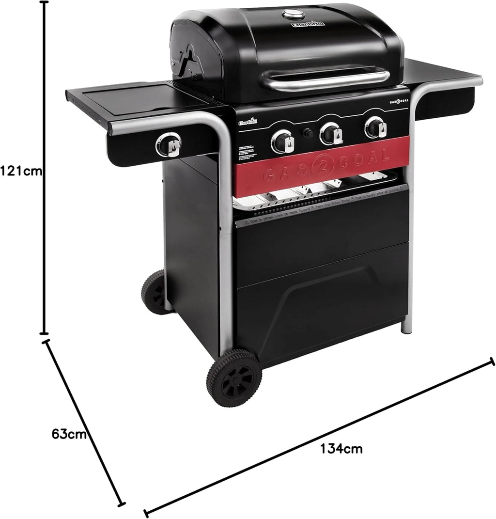 2026 Gas2Coal® Barbacoa híbrida: barbacoa de gas y carbón de tres quemadores, acabado en negro.