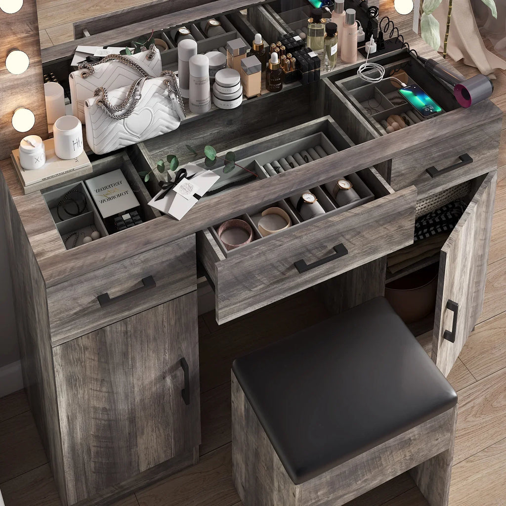 2026 NewKtaxon Large Makeup Vanity, Vanity Table Set w/ Visible Glass Top w/ Charging Station, White