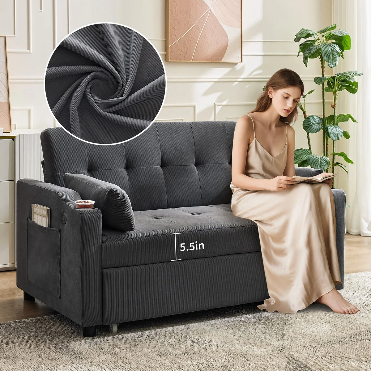 2026 New3 in 1 Convertible Sleeper Sofa Bed, Corduroy Futon Couches with Pull-Out Bed, Adjustable Backrest, Charging Port & Side Pockets, Modern Upholstered Sofa for Living Room, Guest Room