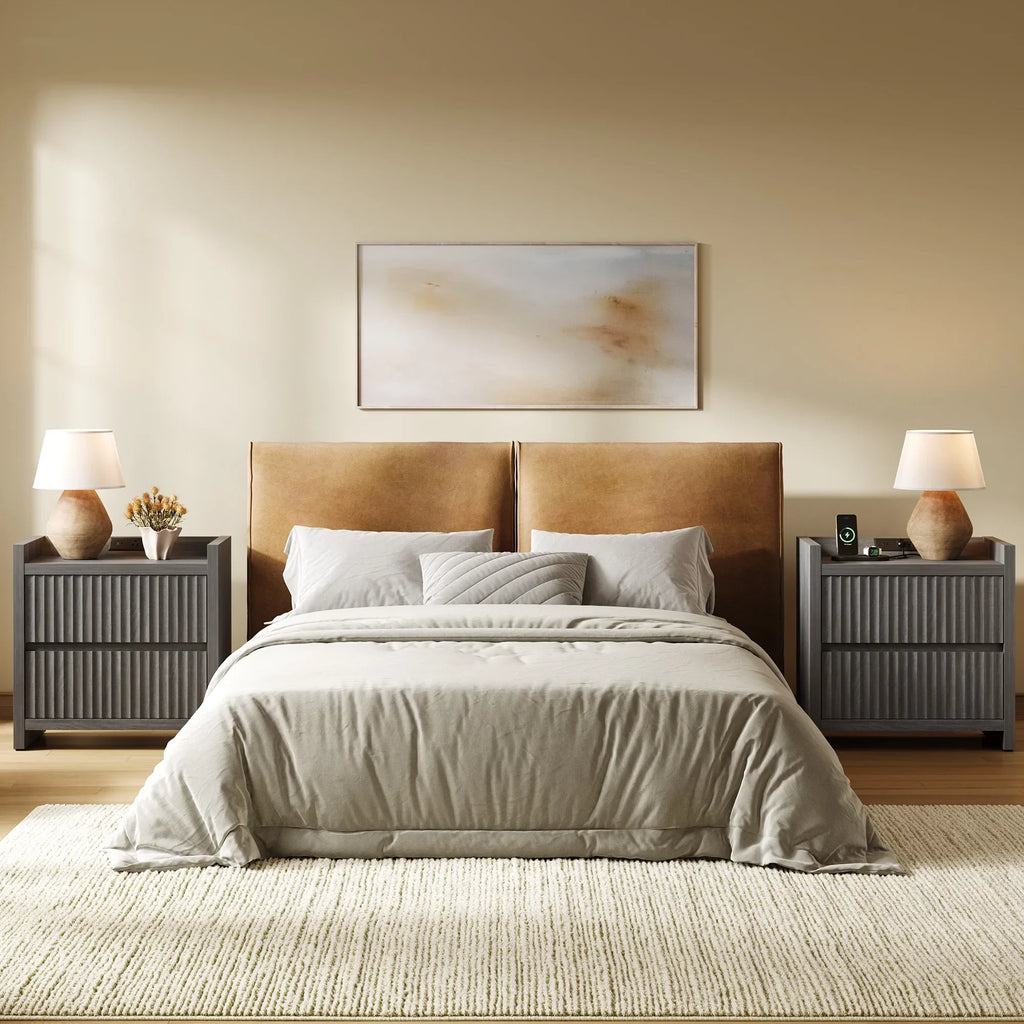 2026 NewSICOTAS 25.4" Wide Nightstand Set of 2 with Charging Station, Modern Night Stand with 2 Fluted Dresser & Handle-Less Storage Farmhouse Bed Side Table for Bedroom, Natural Oak