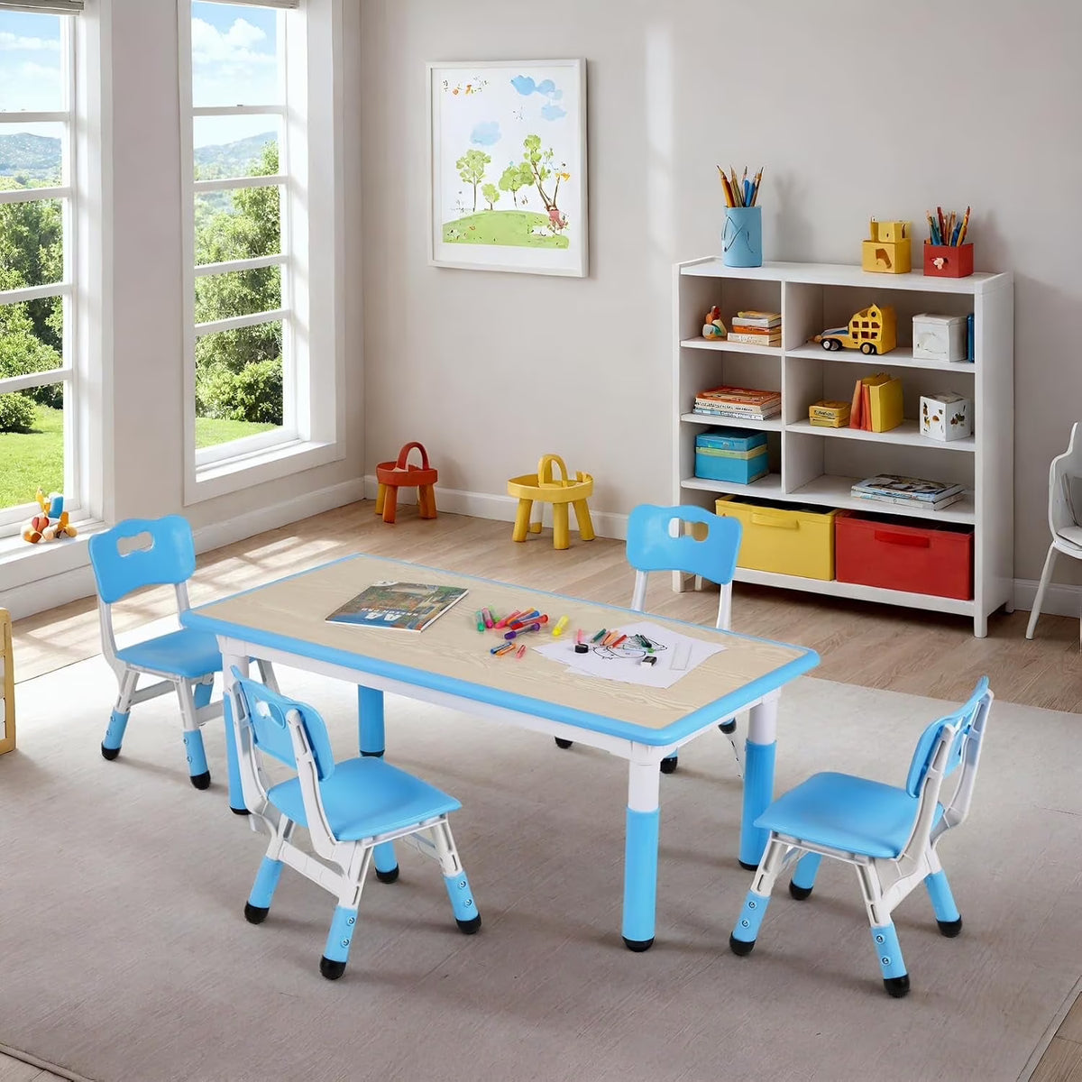 2026 NewLAZY BUDDY Kids Table and 4 Chairs Set, Height Adjustable Toddler Desk with Graffiti Desktop, Kids Activity Table Set for Daycare, Home