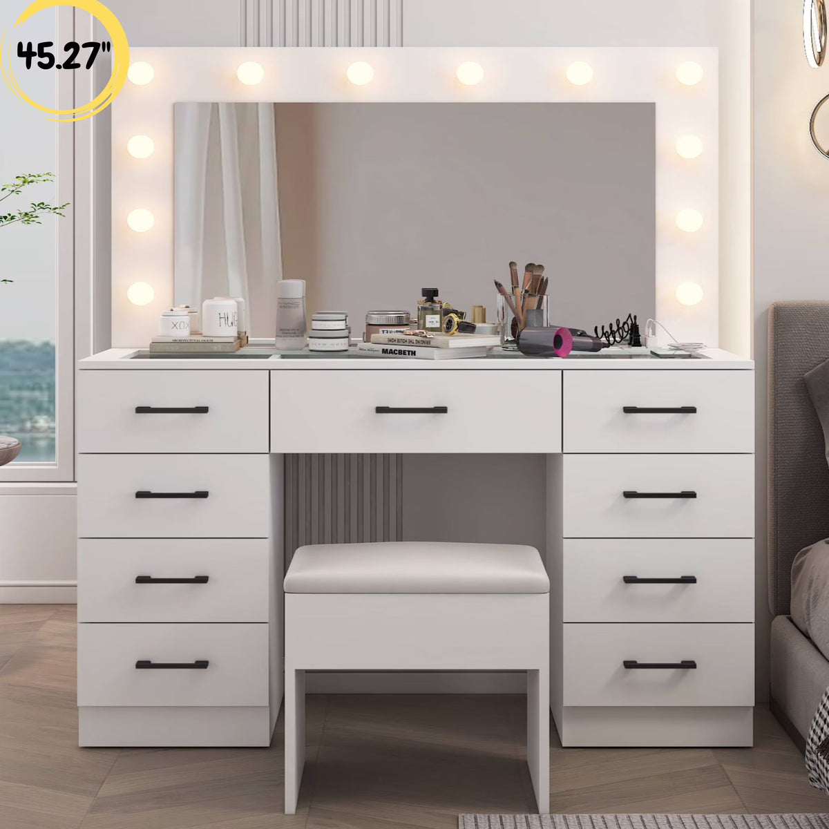 2026 NewKtaxon Large Makeup Vanity, Vanity Table Set w/ Visible Glass Top w/ Charging Station, White