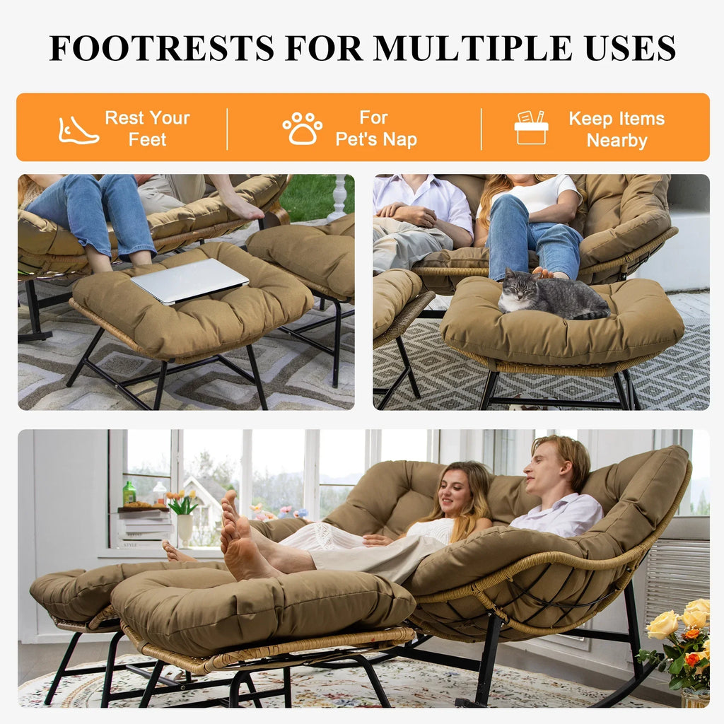 2026 NewRADIATA Beige Double Outdoor Rocking Chair, 2 Person Patio Rocking Egg Chair with Thick Cushion